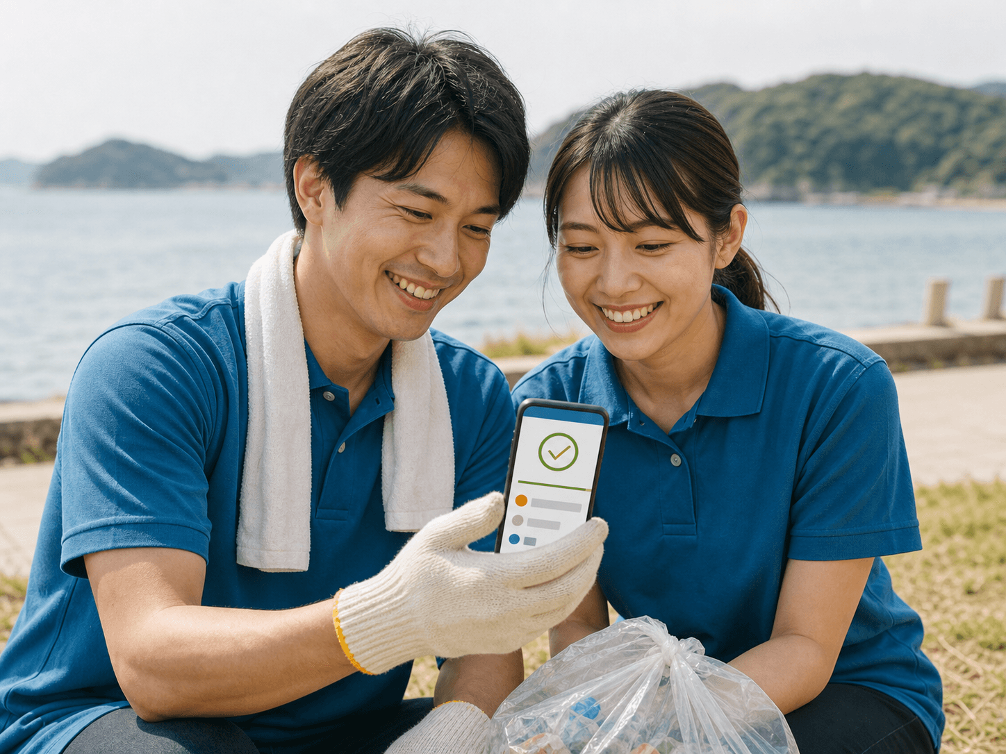 活動後にスマートフォンで参加記録を確認する人たち