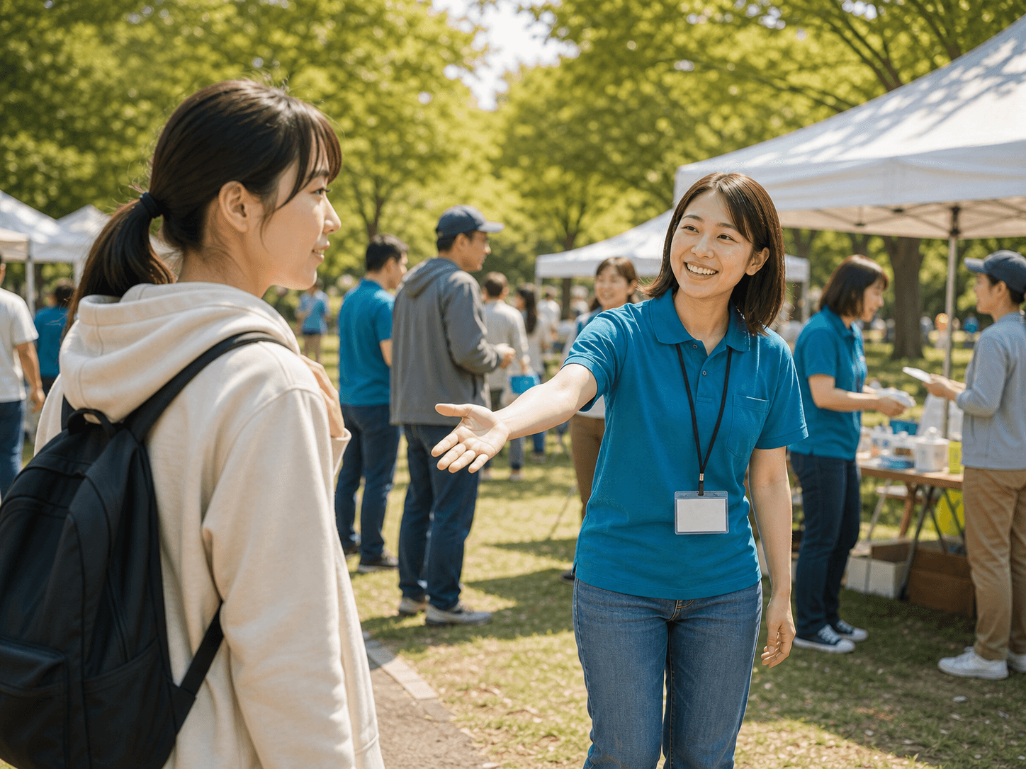 初参加の人を笑顔で迎えるボランティアスタッフ