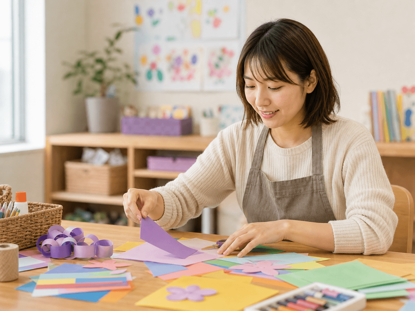 子ども向け工作の準備をするボランティア